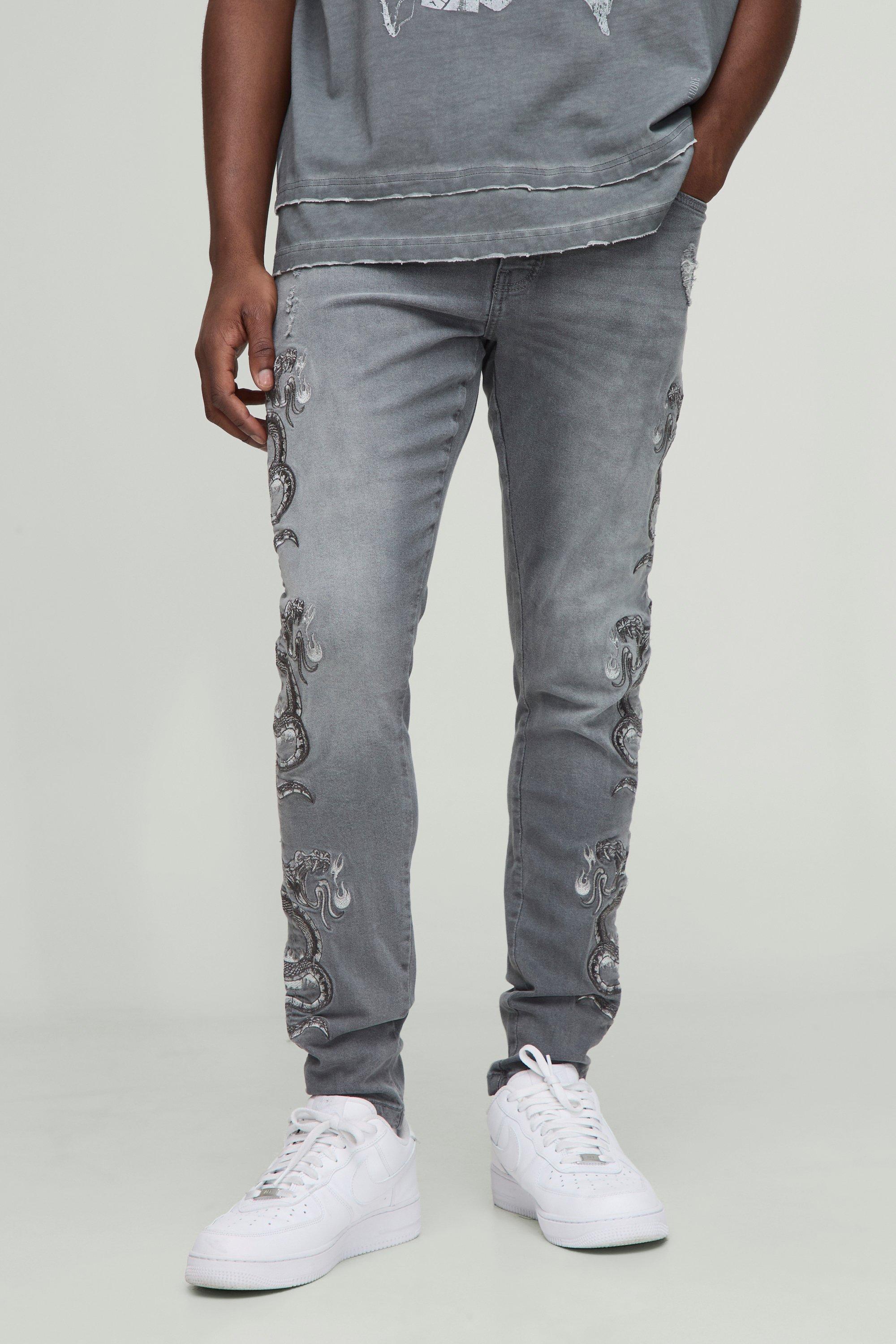 Skinny Fit Snake Embroidery Chain Jeans
